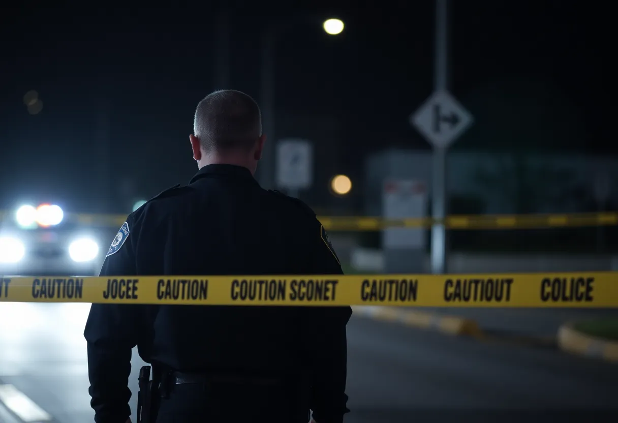 Police officer standing at a crime scene with caution tape