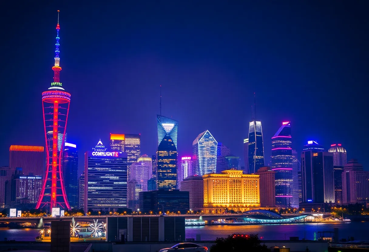 Night view of Columbia's skyline illuminated with colorful LED lights