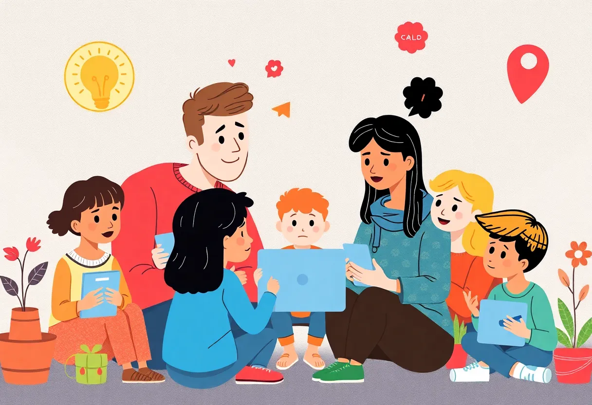 Illustration of a community focusing on child safety and online protection