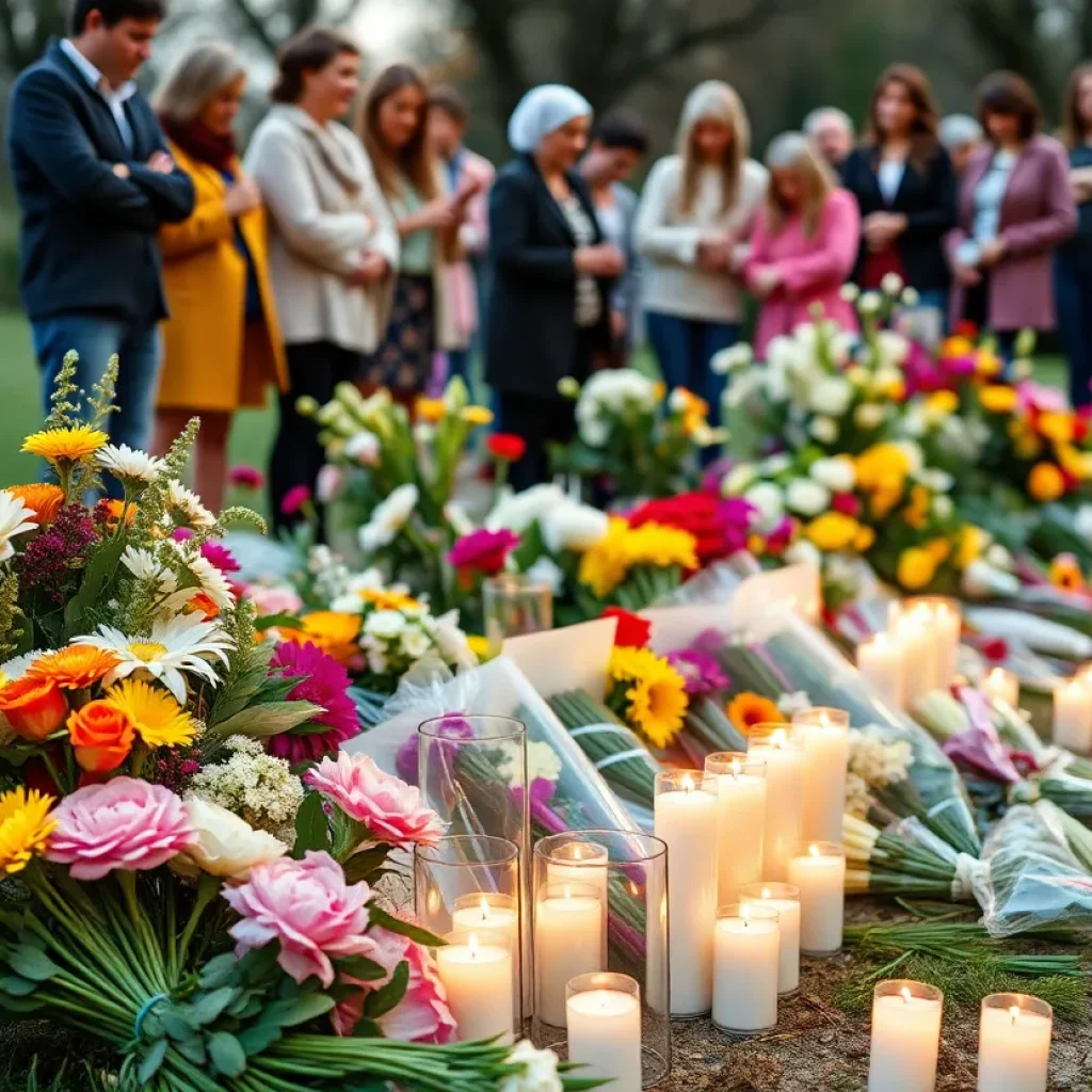 Community members gather at a memorial for 12-year-old Jaysen Carr, surrounded by flowers and candles.