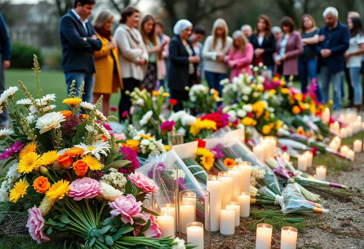 Community members gather at a memorial for 12-year-old Jaysen Carr, surrounded by flowers and candles.