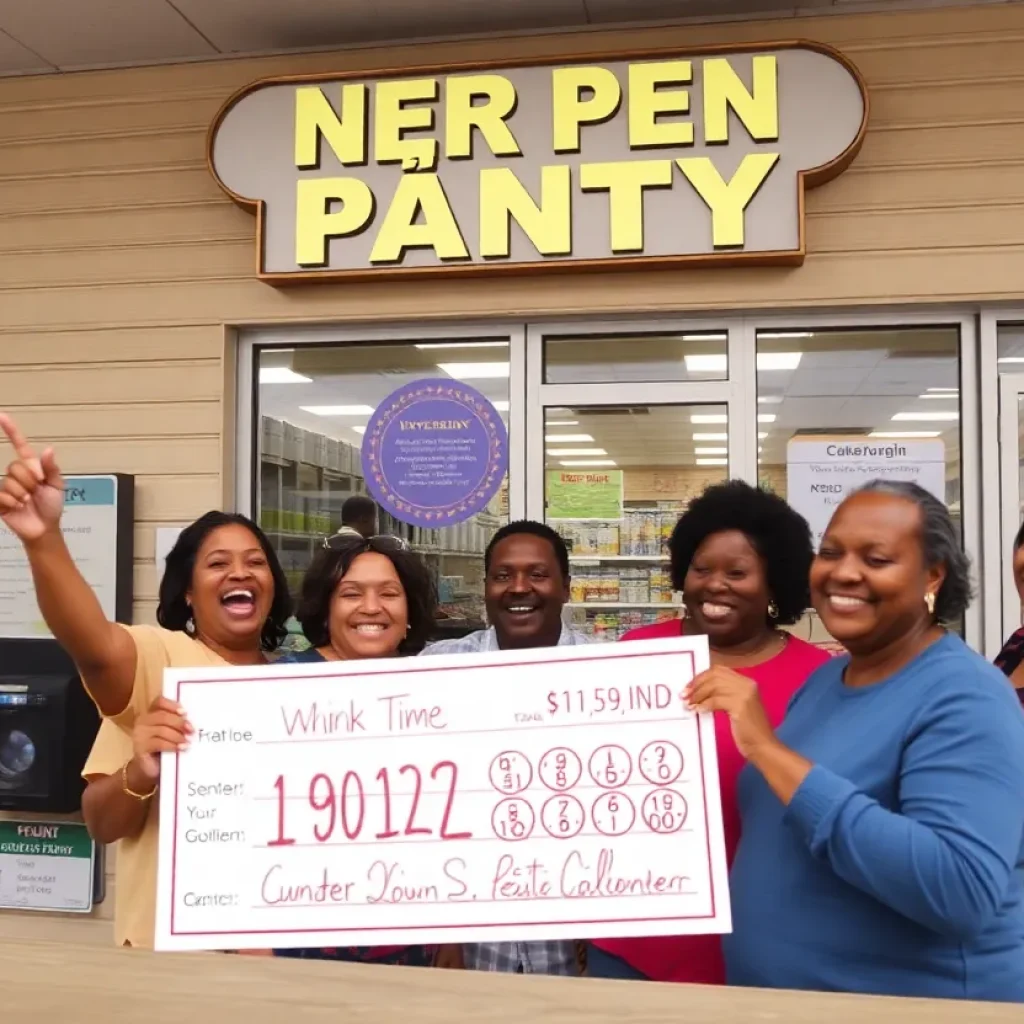 Community members celebrating a lottery win at Corner Pantry in Camden, SC