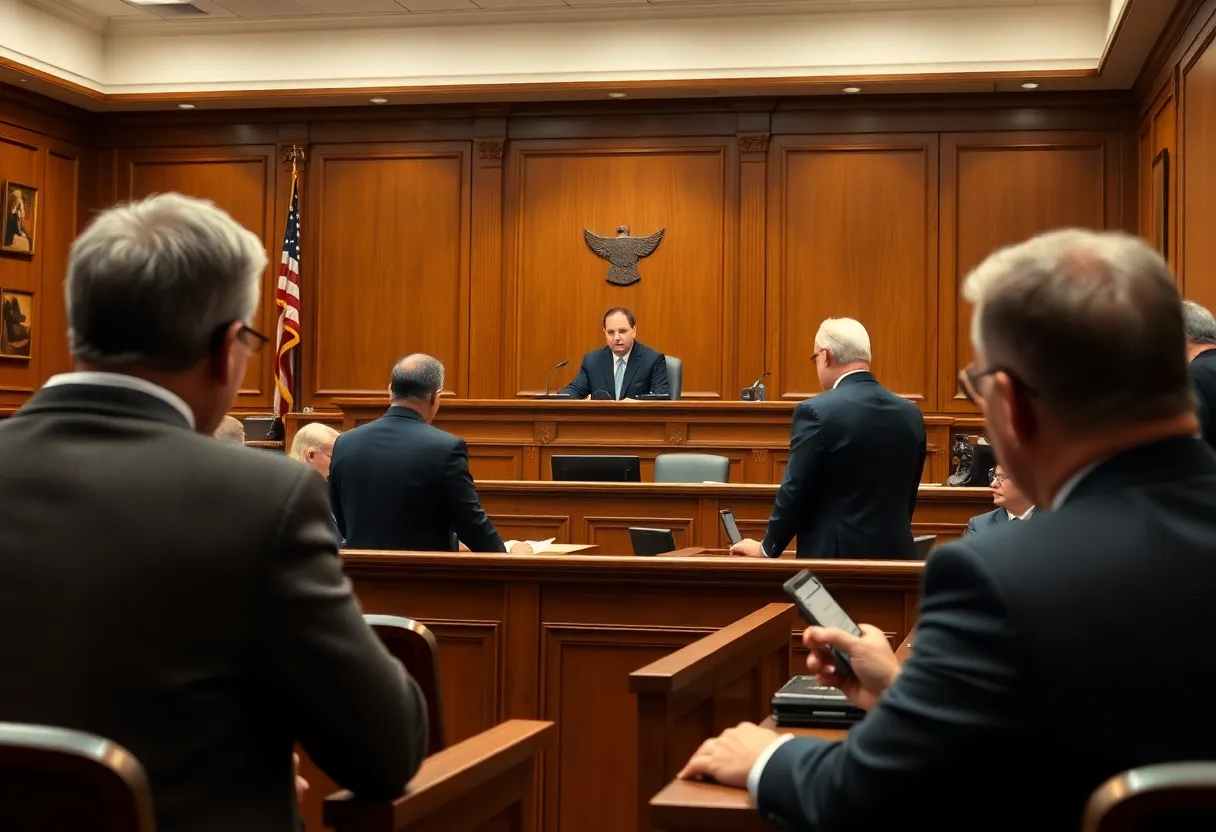 A courtroom with a judge and lawyers discussing a legal case