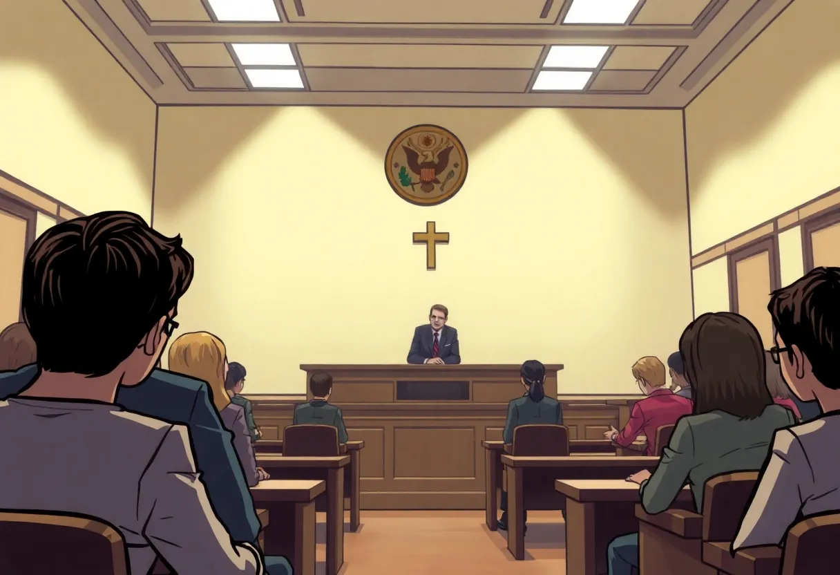 An illustration of a courtroom focused on juvenile justice discussions.