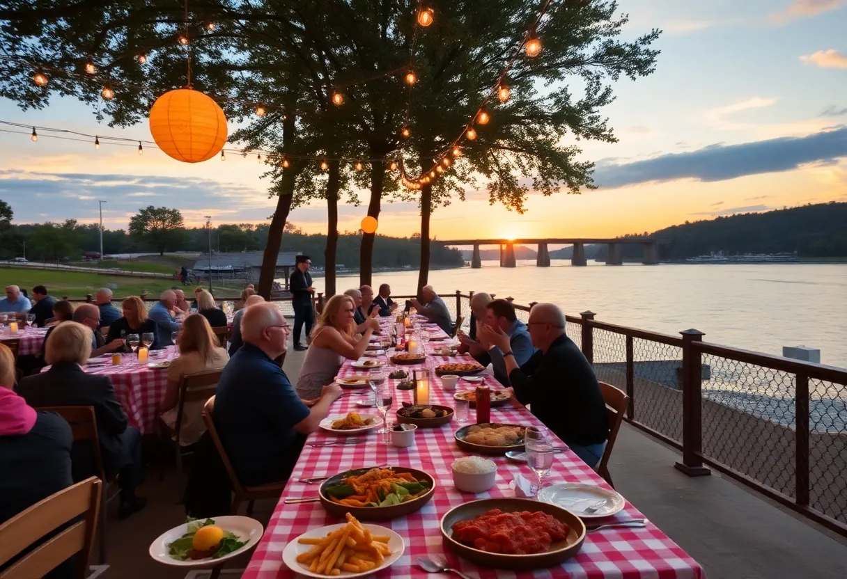 Guests dining outdoors at Dining on the Dam event with a sunset view.