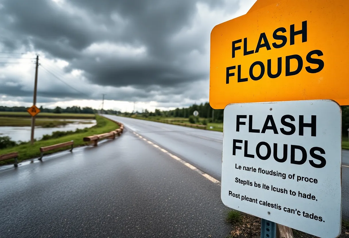 Flooded road during severe weather warning