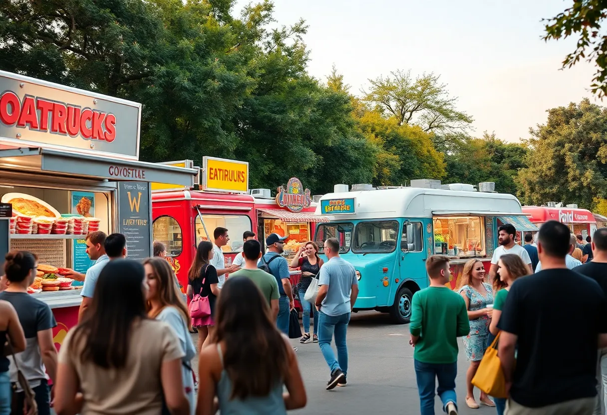 Food trucks lined up at Food Truck Fridays in Columbia