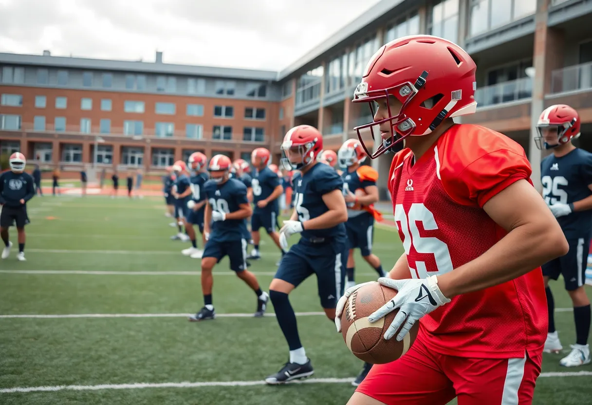 Athletes training at a football camp with modern facilities.