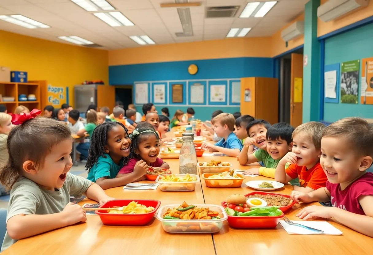 Children eating healthy meals in a school cafeteria.