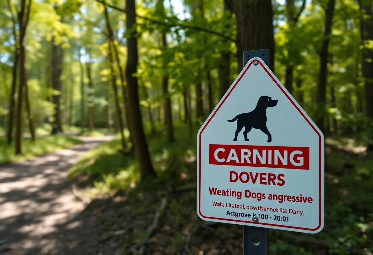 Warning signs in Harbison State Forest about aggressive dogs.