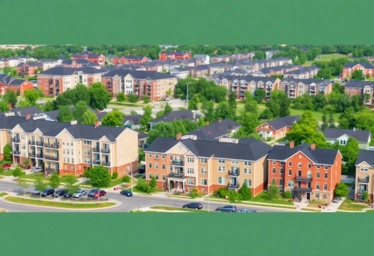 Illustration of higher-density housing developments including apartments and townhomes in an urban setting
