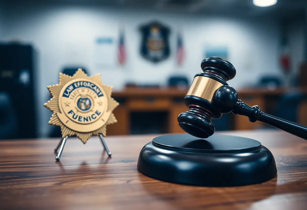 Law enforcement badge and gavel on a desk