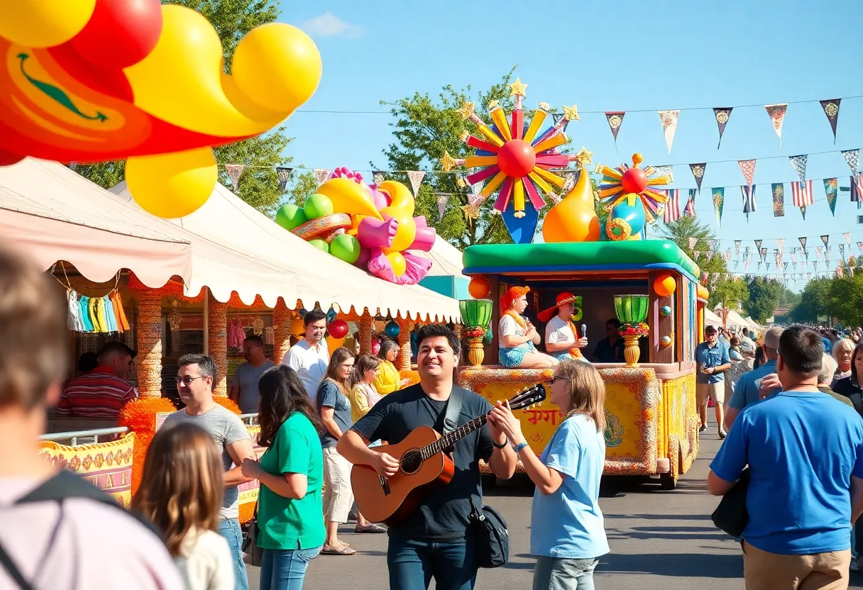 Colorful Irmo Okra Strut Festival parade with community members and festive decorations.