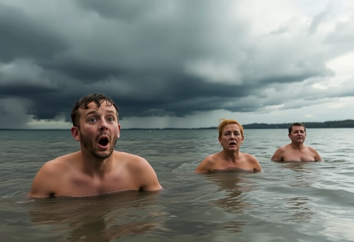 Swimmers at Lake Murray Beach with approaching storm clouds