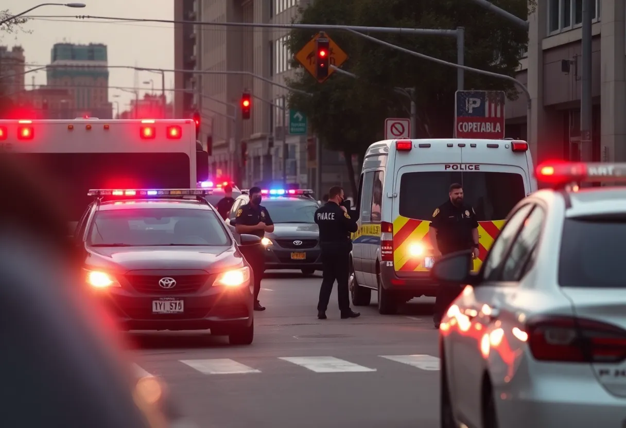 Police vehicles responding to a tense situation in an urban area.