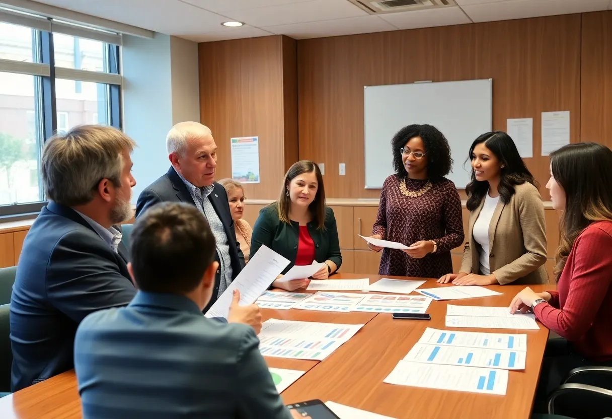 School board members discussing audit plans in a meeting room