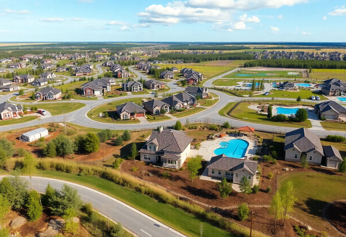 Aerial view of a proposed subdivision layout featuring homes and community amenities.