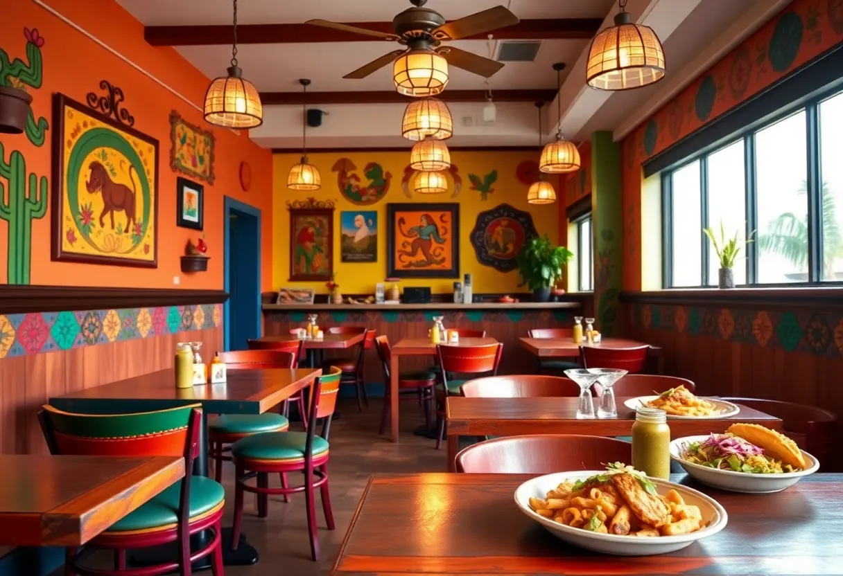 Interior view of Los Chicanos Jr. showcasing colorful decorations and Mexican dishes.