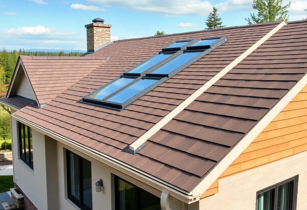 A modern house illustrating diverse roof features like skylights and gutters.
