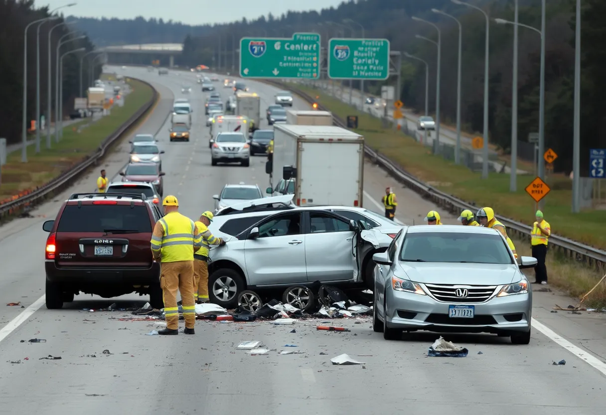 Emergency responders at a motorcycle crash scene on the highway