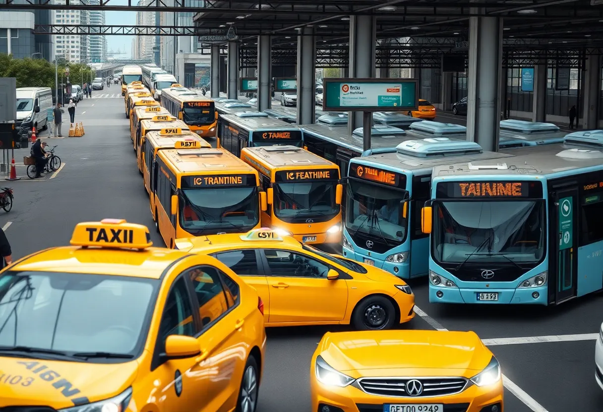 Conceptual design of a new intermodal transit hub with various transportation services.