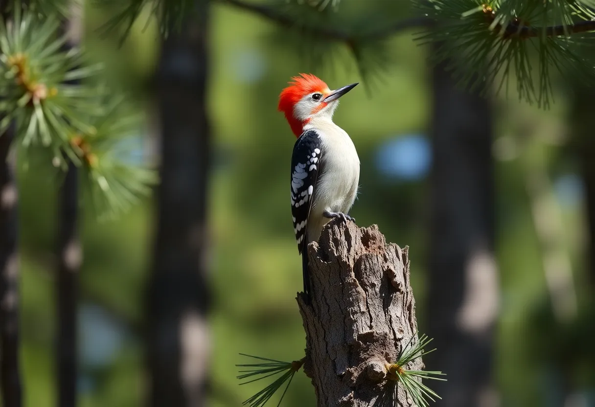 Red-cockaded woodpecker on a pine tree