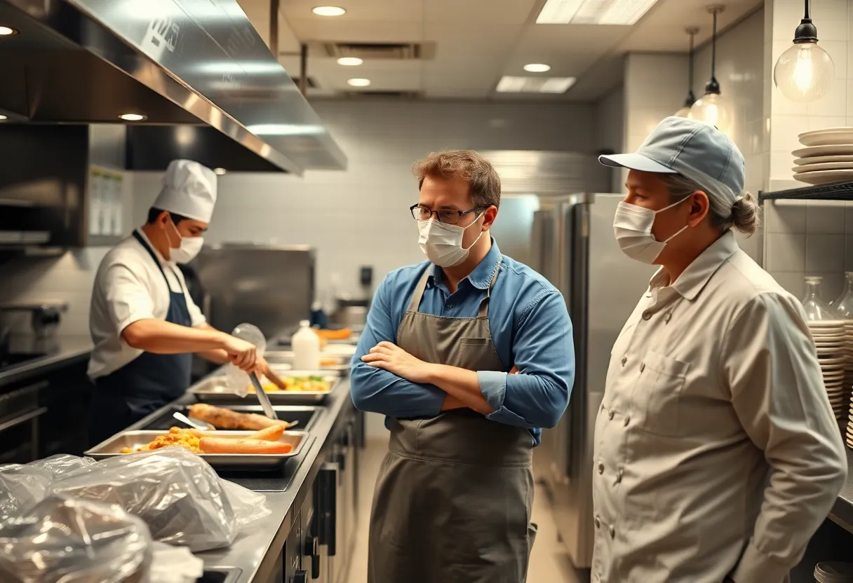 Health inspector observing restaurant kitchen safety protocols