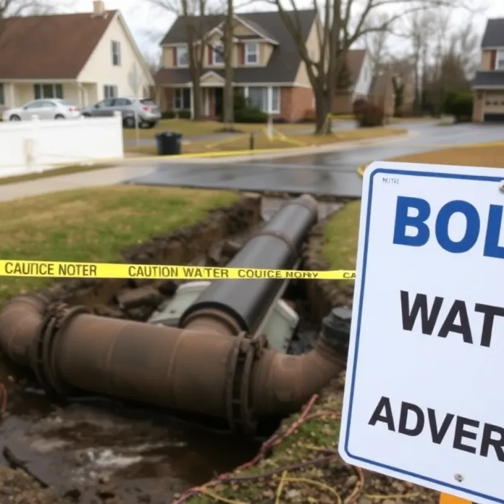 Scene of a water main break with caution signage in a neighborhood