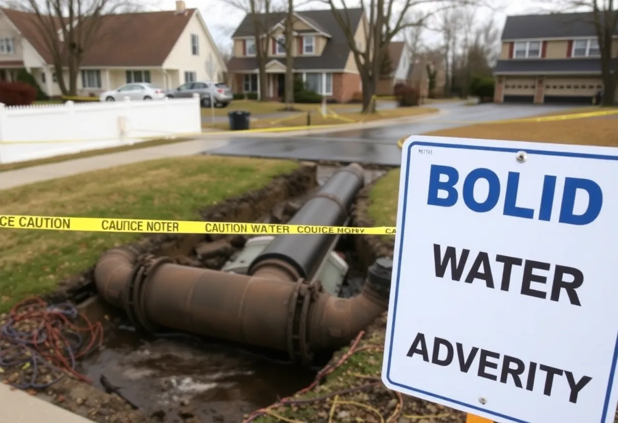 Scene of a water main break with caution signage in a neighborhood