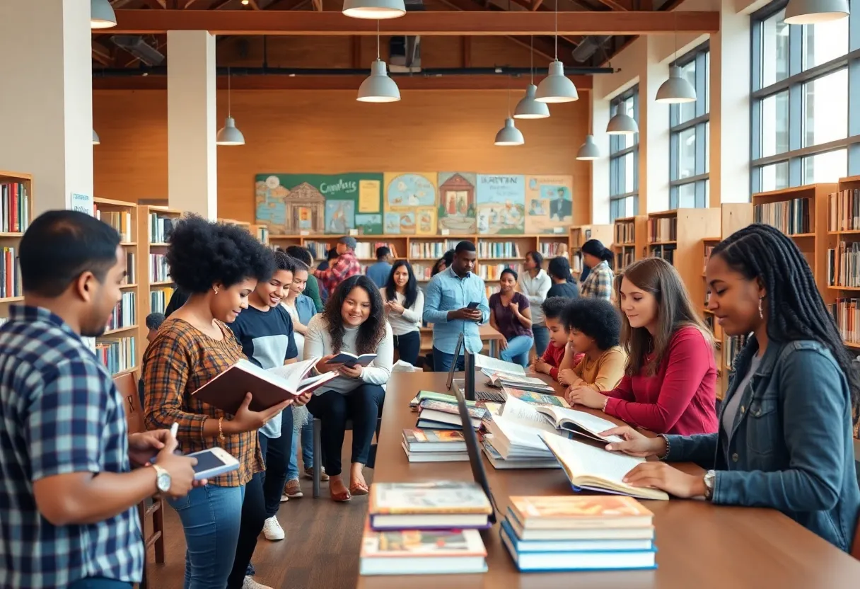 Diverse individuals engaging in activities at a community library