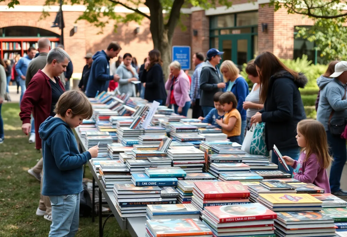 Families browsing books at the Richland Library Summer Book Sale