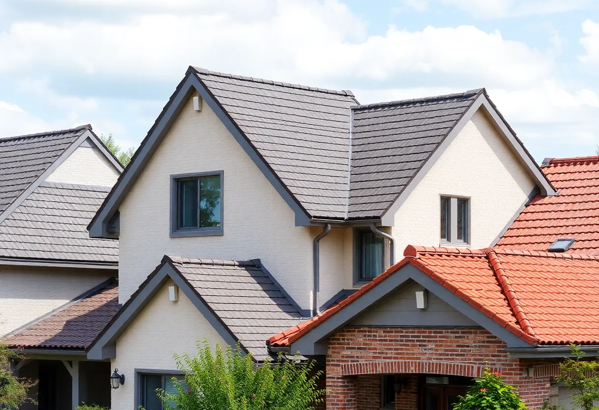 Various roofing styles including gable, flat, and tile roofs on homes.