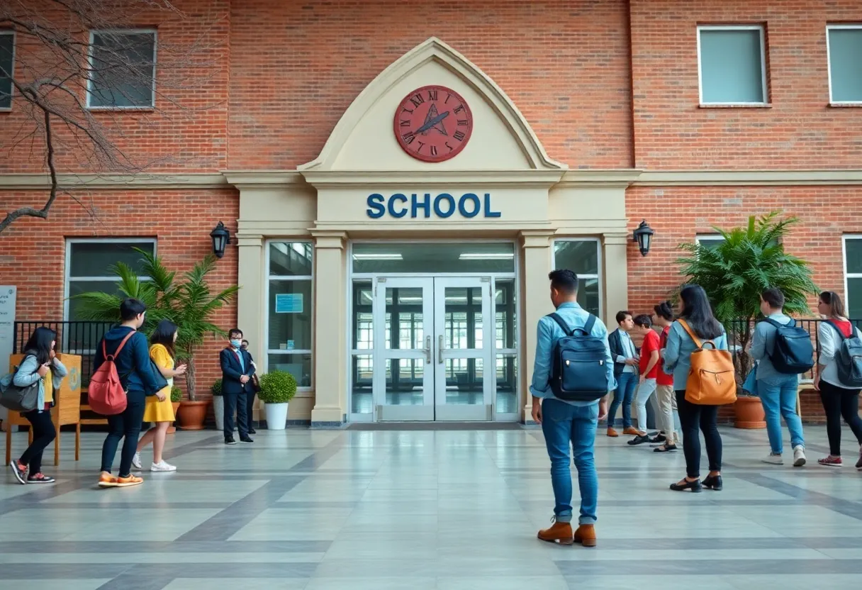 Exterior view of a school administration building surrounded by students
