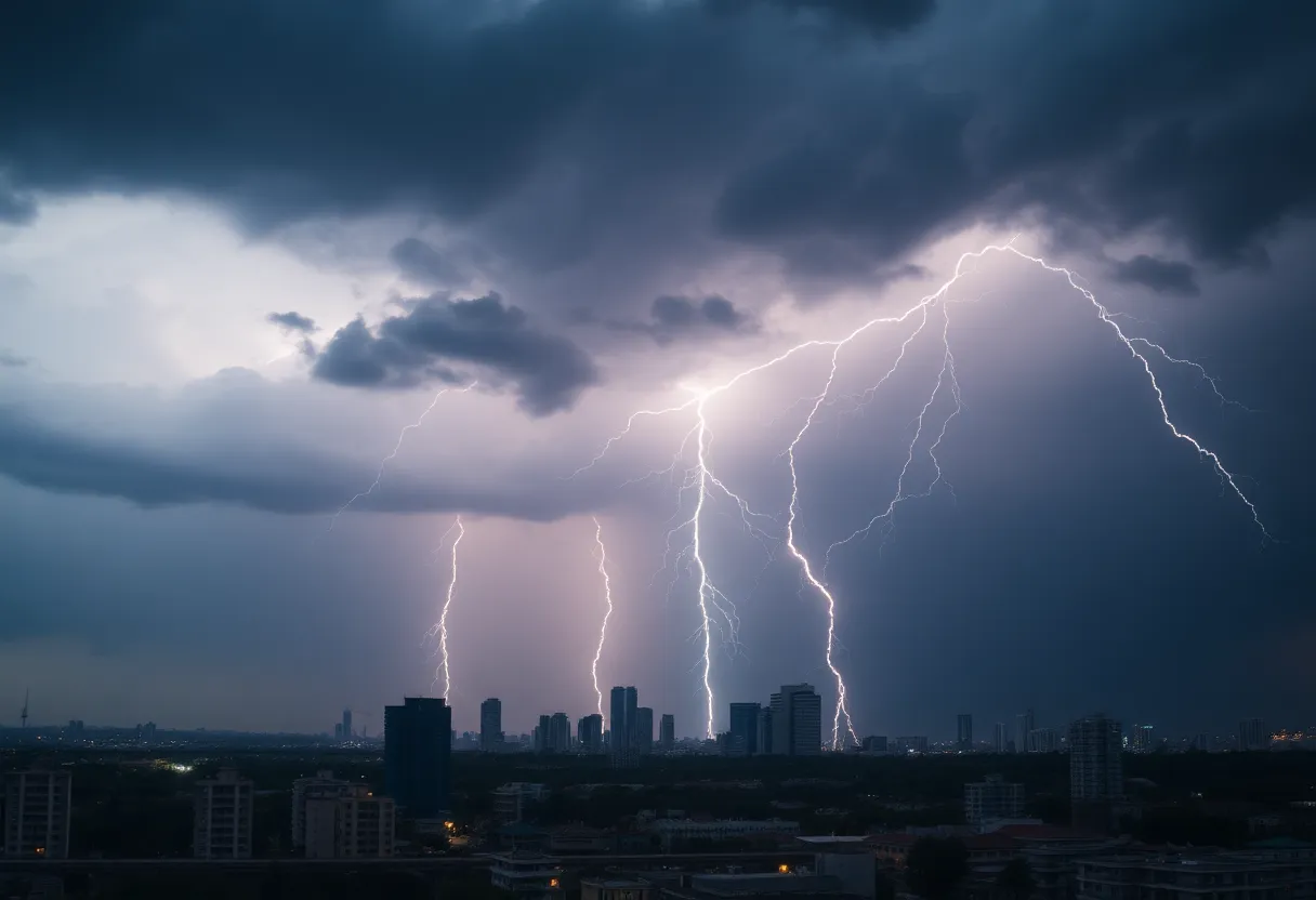 Dramatic thunderstorm with lightning over Columbia SC streets