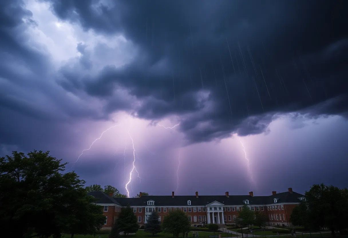 Dark storm clouds and rain approaching Lancaster University campus