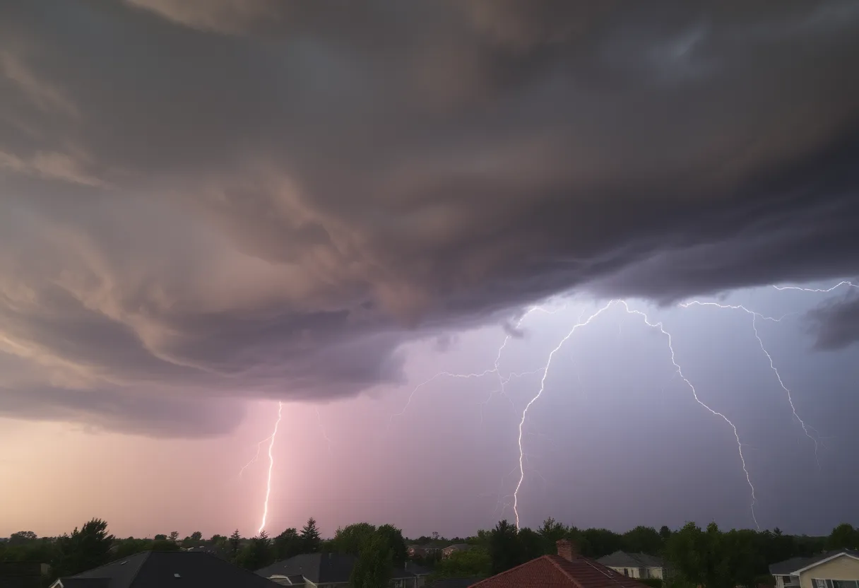 Dramatic storm clouds with lightning looming over urban landscape