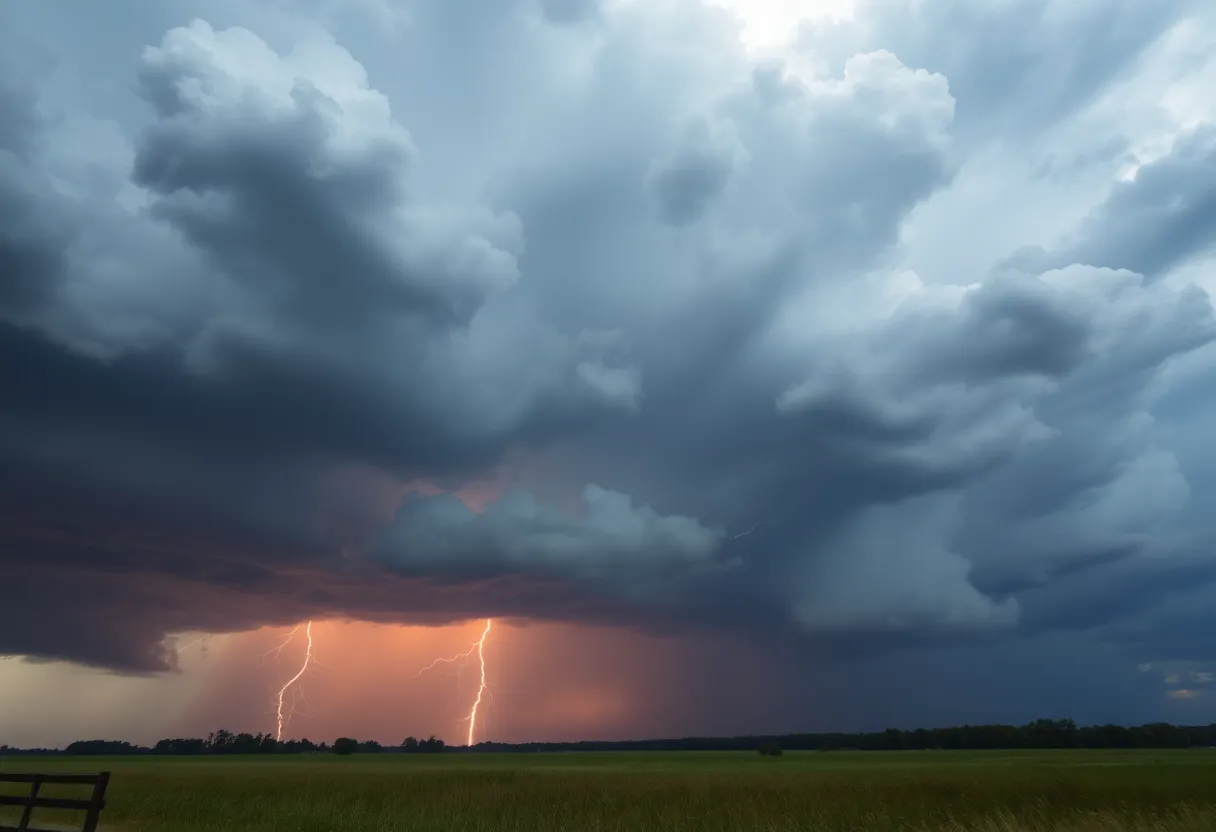 A thunderstorm cloud with lightning strikes above a South Carolina landscape