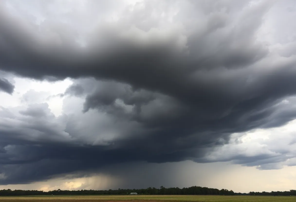 Dark storm clouds over South Carolina landscape indicating severe weather.