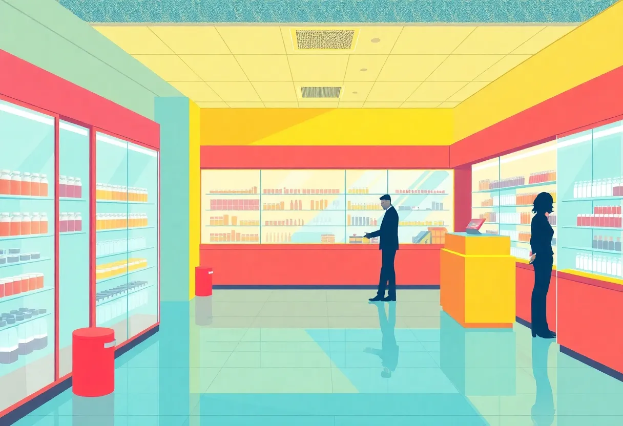 Interior of a beauty store highlighting security measures against shoplifting.