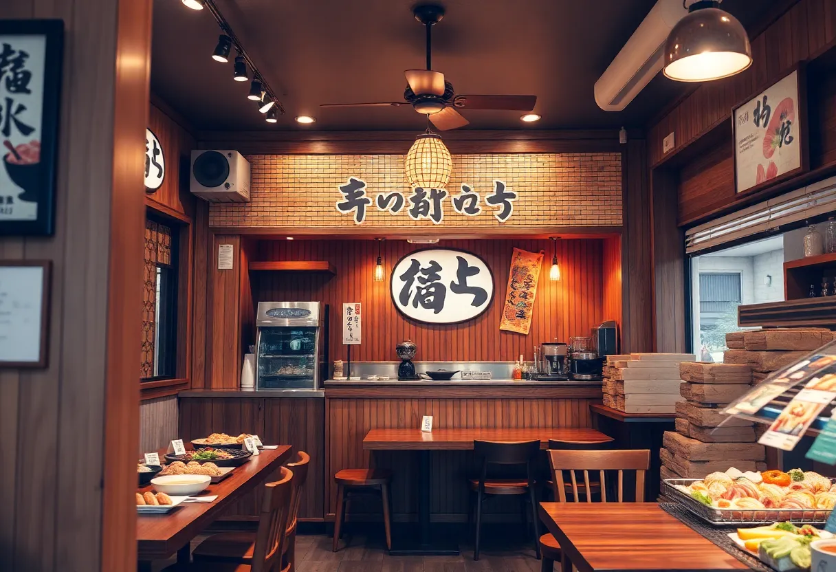 Interior design of Sola Ramen & Sushi restaurant with sushi displays