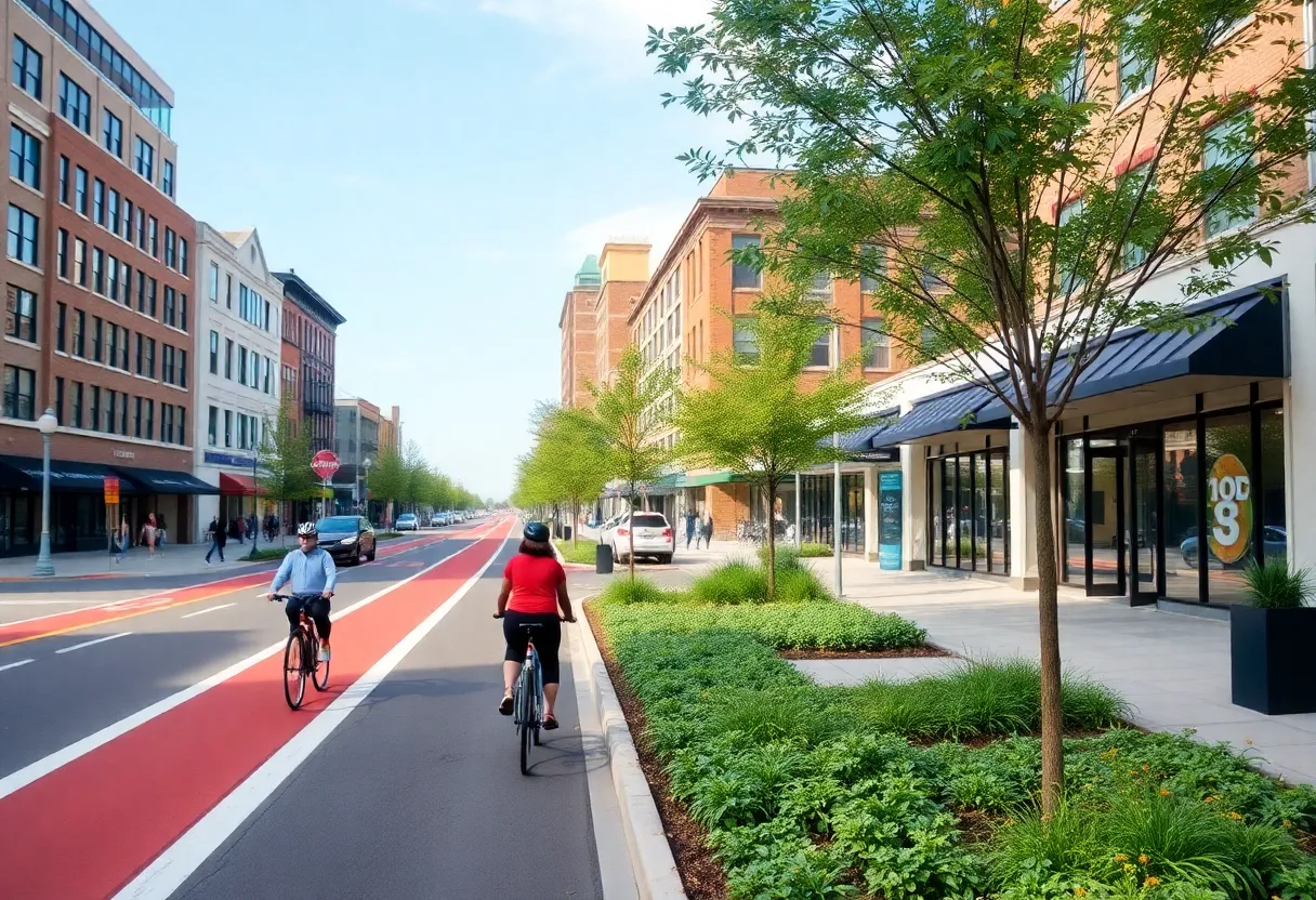 Revamped South Main Street with bicycle tracks and pedestrians
