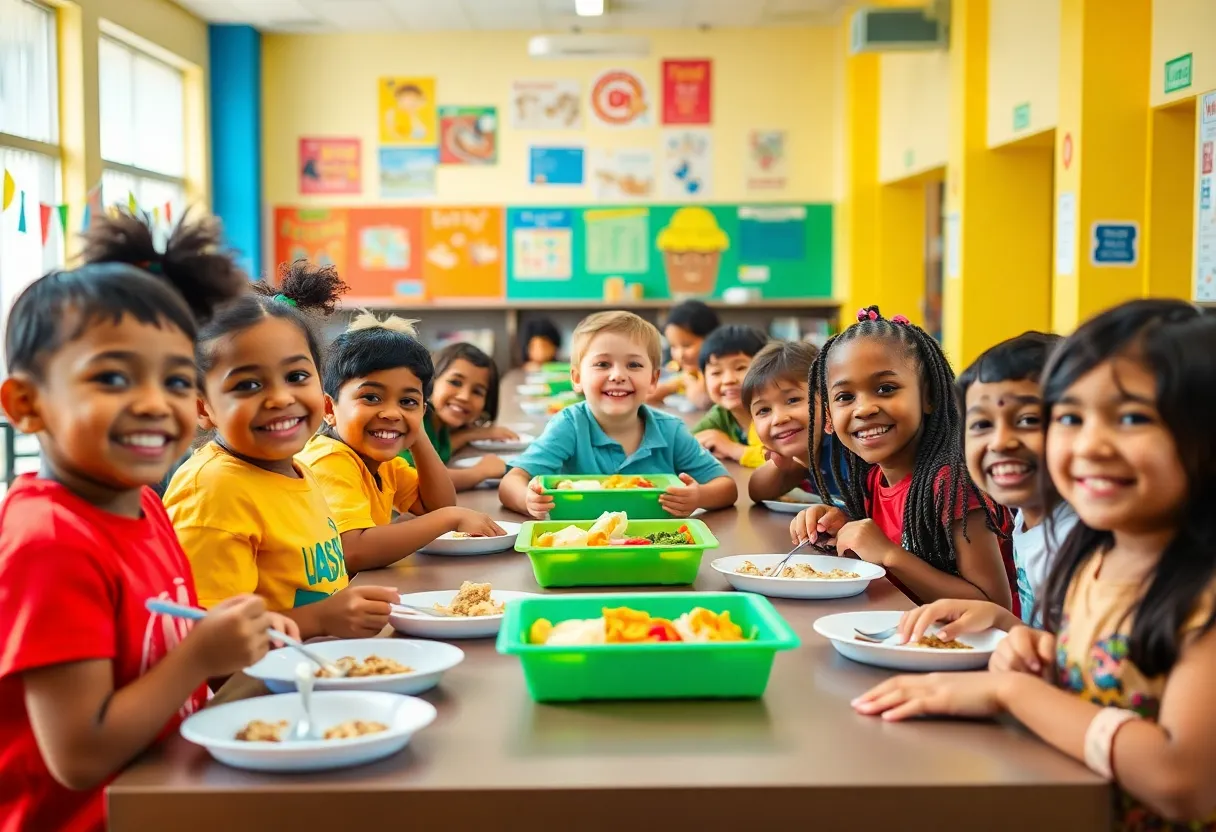 Children enjoying free meals in a school cafeteria