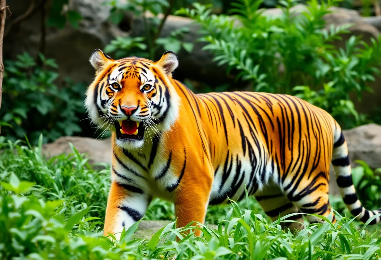 Suci the Sumatran tiger playing in her habitat at Riverbanks Zoo