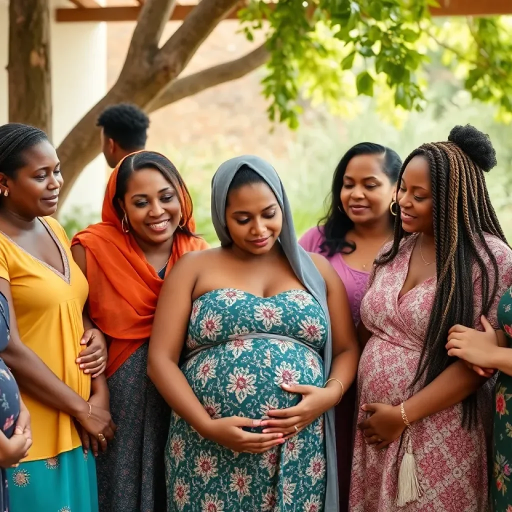 Diverse women providing support to a pregnant woman in a community setting.