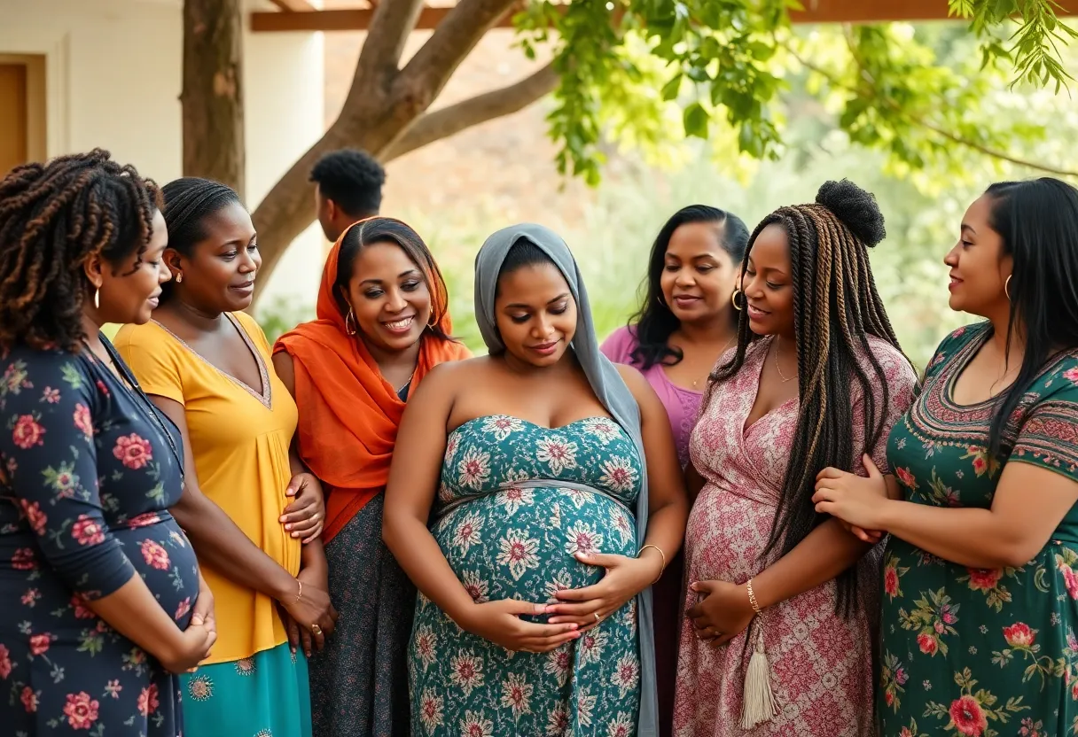 Diverse women providing support to a pregnant woman in a community setting.