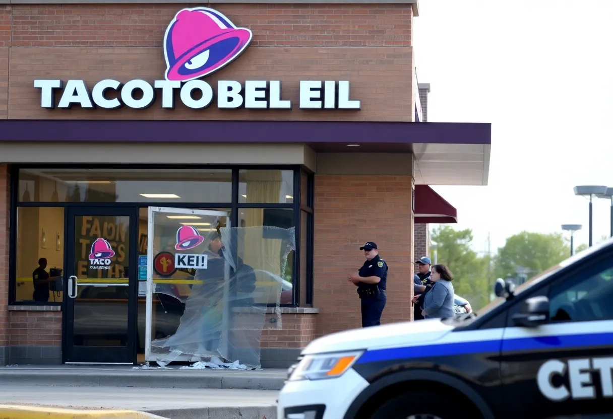 Damaged glass door at Taco Bell restaurant in Lexington