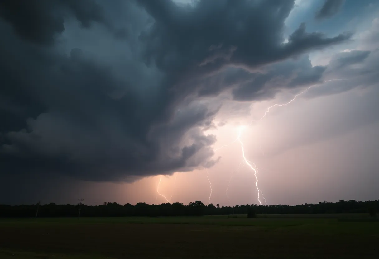 A thunderstorm forming over Orangeburg County with dark clouds.