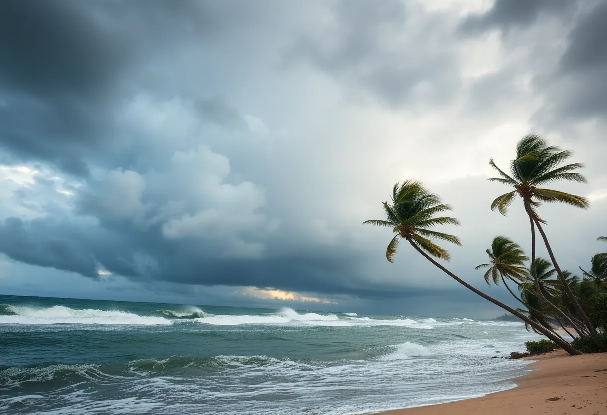 Coastal scene showing the impact of Tropical Storm Chantal with stormy weather.
