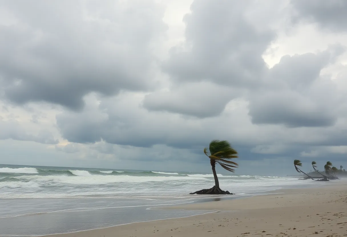 Coastal scene post Tropical Storm Chantal showing rough surf and cloudy skies.