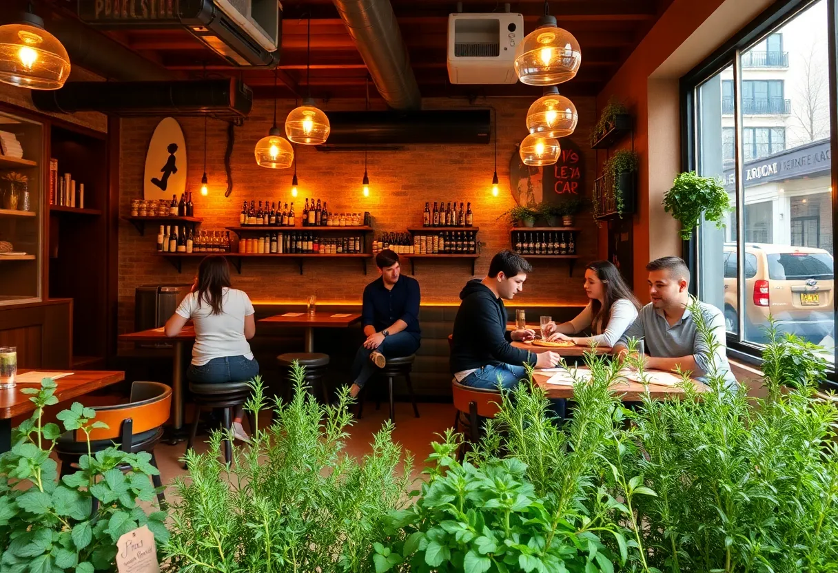 Interior of Vinny's Pizzeria with customers and pizza being prepared
